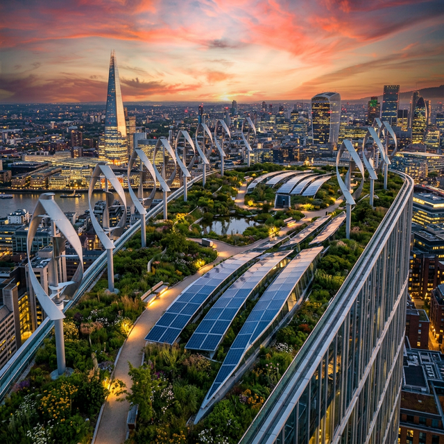 Sustainable urban energy hub, sleek futuristic solar arrays and vertical wind turbines integrated into a green garden roof of a skyscraper, sunset lighting, clean energy concept, no people.